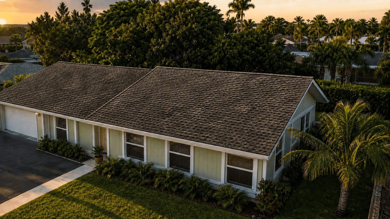 Una casa con un techo de shingle desgastado y oscurecido, con deterioro generalizado en la superficie