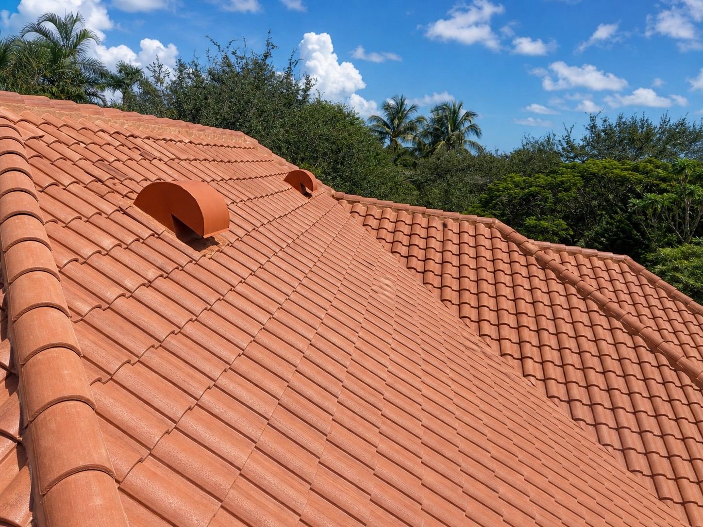 Vista cercana de teja cortada y ajustada alrededor de una ventilación de techo